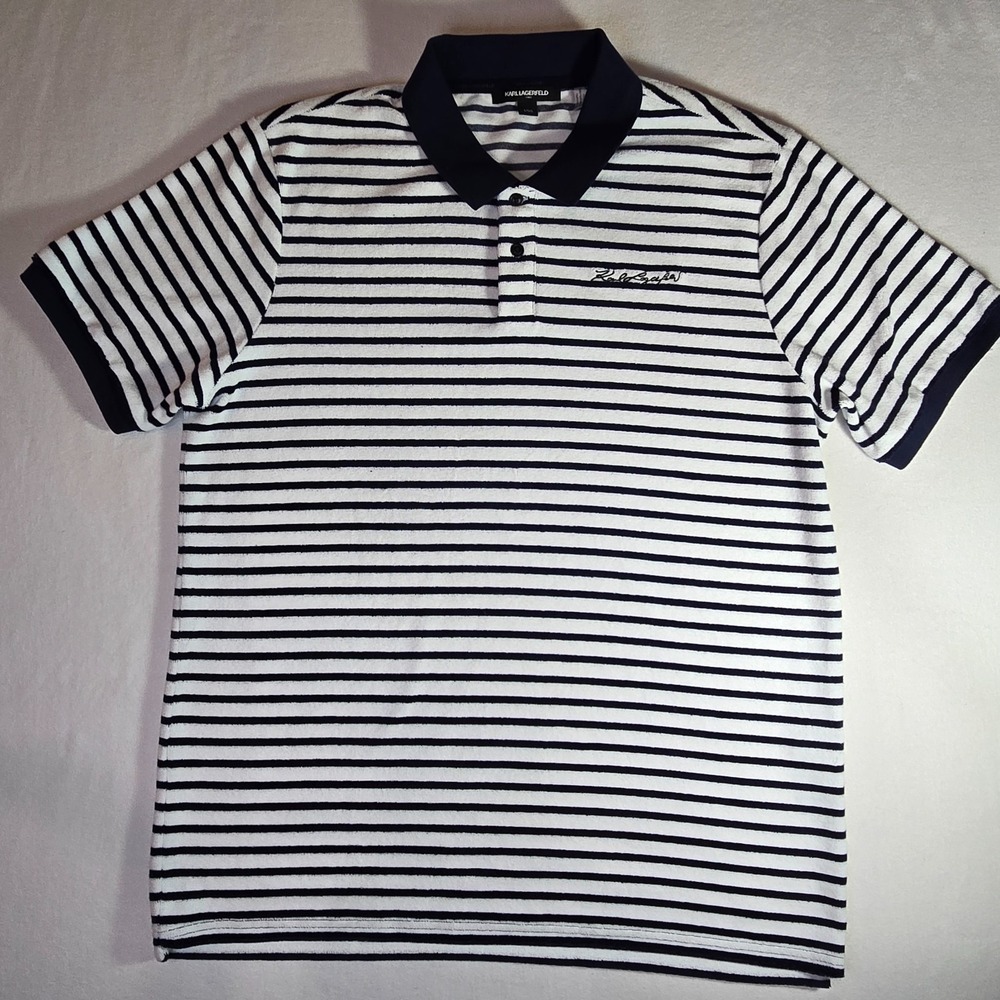 Karl Lagerfeld Paris Navy/White Striped polo shirt. Size Large